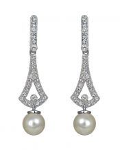 Pendientes largos de plata con una perla y cristales Swarovski blancos