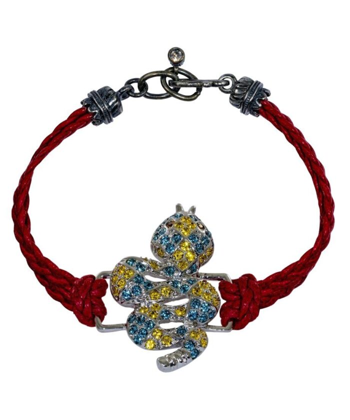Pulsera roja Serpiente de cuero, plata y cristales de Swarovski en tonos azules y amarillos