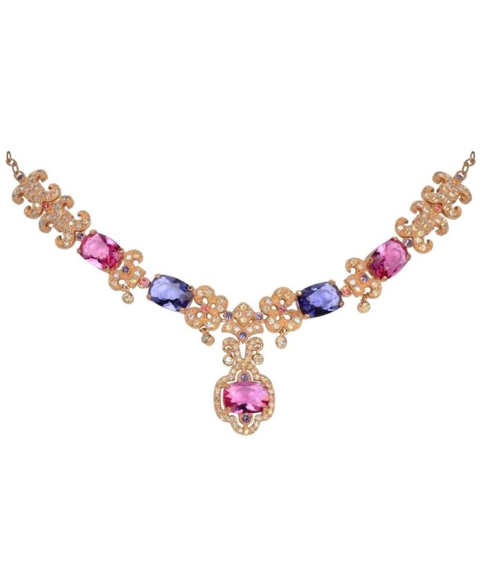 Collar novia oro rosa de plata con cristales Swarovski violetas y fucsias