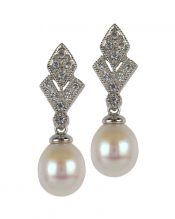 Pendientes de perla y plata para novia en plata de ley rodinada con Swarovski Elements