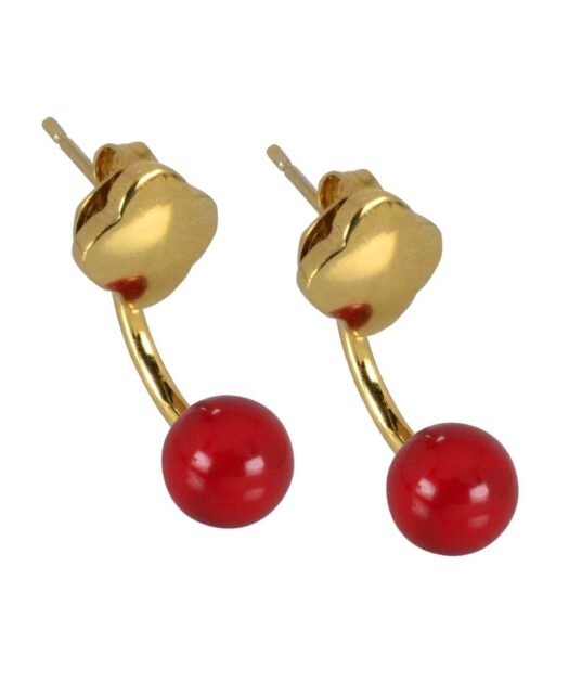 Pendientes dobles dorados con bola roja de plata de primera ley