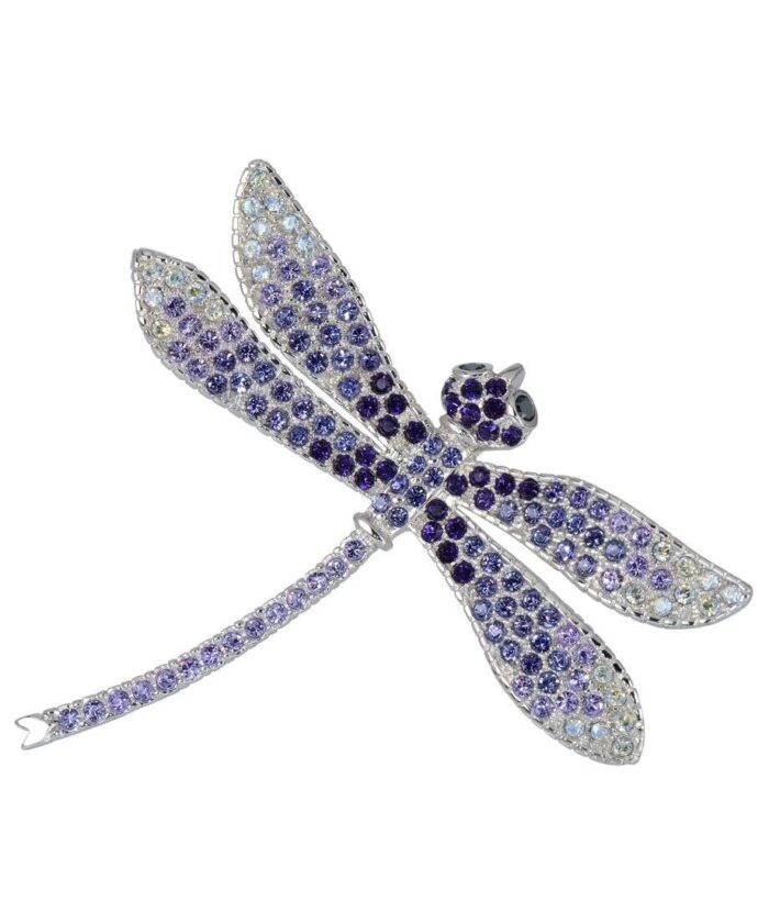 Broche Libélula de plata rodinada con cristales de Swarovski morados y violetas