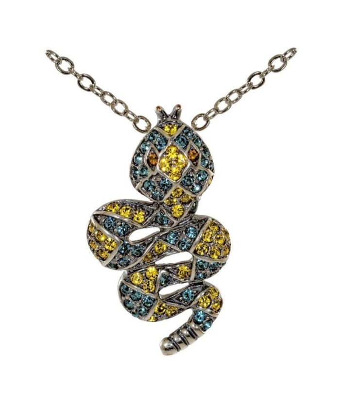 Colgante Serpiente de plata y cristales de Swarovski en tonos amarillos y azules de la colección exclusiva de Máximo Betro. Joyería Turón, tienda online.