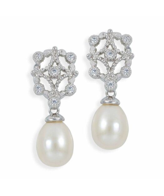 Pendientes novia perla blanca en plata rodinada con cristal Swarovski