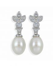 Pendientes para novia con una perla y cristales Swarovski en plata de ley rodinada