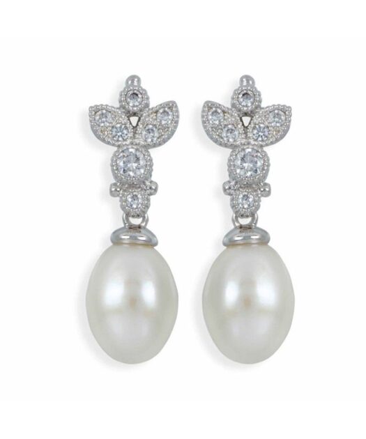 Pendientes para novia con una perla y cristales Swarovski en plata de ley rodinada